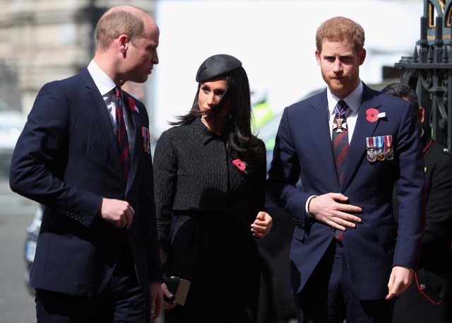 Britain's Prince William, Prince Harry and his fiancee Meghan Markle arrive for an ANZAC day service at Westminster Abbey in London, April 25, 2018. REUTERS/Hannah McKay