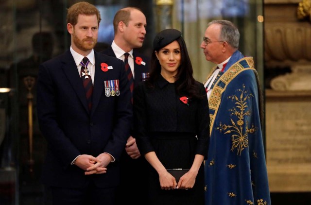 Britain's Prince William, Prince Harry and his fiancee Meghan Markle arrive at a Service of Thanksgiving and Commemoration on ANZAC Day at Westminster Abbey in London, April 25, 2018. Kirsty Wigglesworth/Pool via Reuters