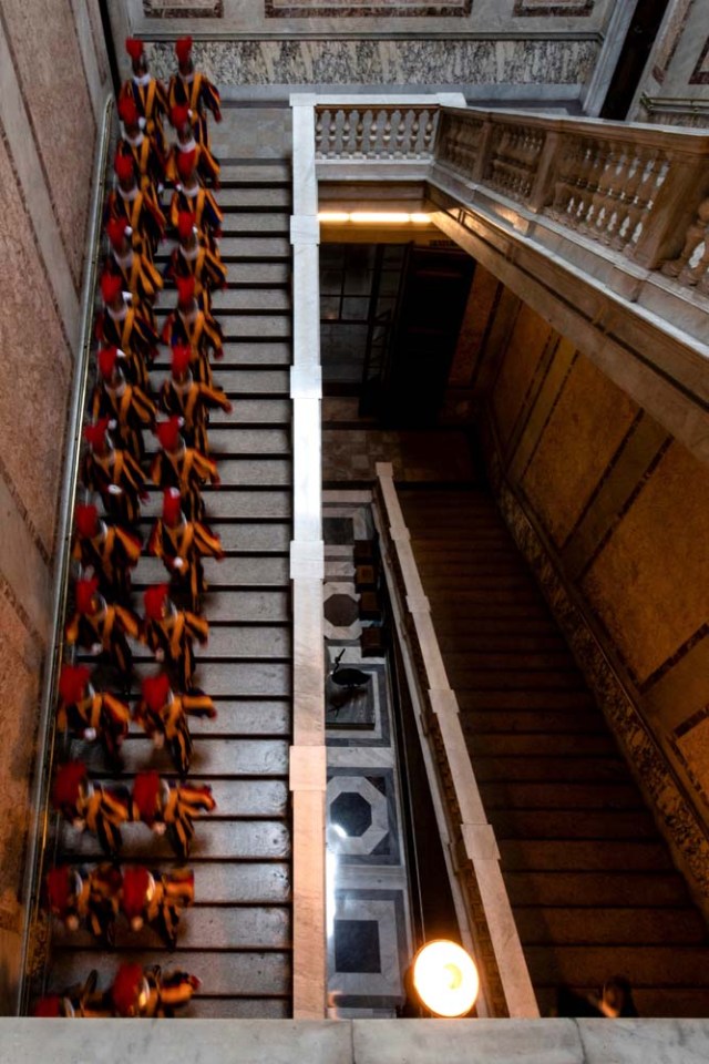 Swiss guards leave following a special audience with Pope Francis the day ahead of their swearing-in ceremony at the Vatican, May 4, 2018. Osservatore Romano/Handout via REUTERS ATTENTION EDITORS - THIS IMAGE WAS PROVIDED BY A THIRD PARTY