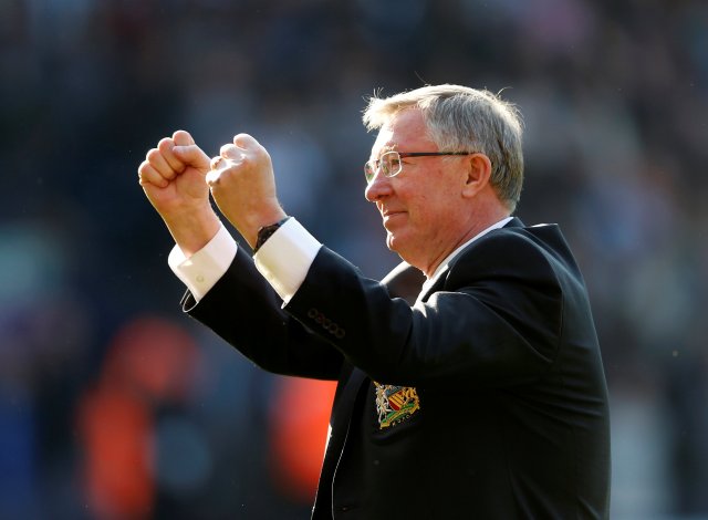 FILE PHOTO: Manchester United manager Alex Ferguson salutes the fans after their English Premier League soccer match against West Bromwich Albion at The Hawthorns in West Bromwich, central England, May 19, 2013. This was Ferguson's 1,500th and final match as Manchester United manager. REUTERS/Eddie Keogh  EDITORIAL USE ONLY. No use with unauthorized audio, video, data, fixture lists, club/league logos or "live" services. Online in-match use limited to 75 images, no video emulation. No use in betting, games or single club/league/player publications. Please contact your account representative for further details./File Photo