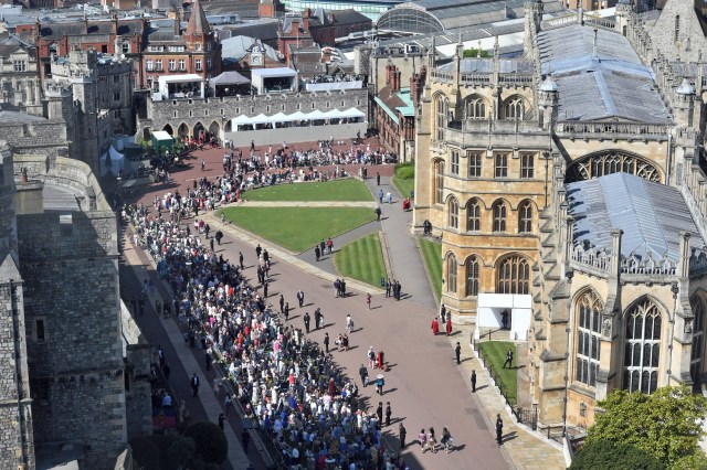 A view from the Round Tower at Windsor Castle of guests arriving at St George's chapel ahead of the wedding of Prince Harry and Meghan Markle in Windsor, Britain, May 19, 2018. Victoria Jones/Pool via REUTERS