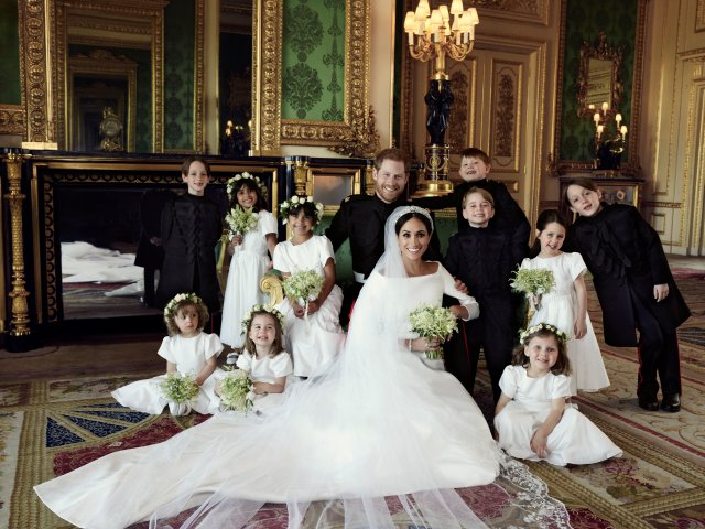 This official wedding photograph released by the Duke and Duchess of Sussex shows The Duke and Duchess in The Green Drawing Room, Windsor Castle, with (left-to-right): Back row: Master Brian Mulroney, Miss Remi Litt, Miss Rylan Litt, Master Jasper Dyer, Prince George, Miss Ivy Mulroney, Master John Mulroney. Front row: Miss Zalie Warren, Princess Charlotte, Miss Florence van Cutsem, May 19, 2018. Picture taken May 19, 2018. Alexi Lubomirski/Handout via Reuters THIS PICTURE IS PROVIDED BY A THIRD PARTY. NEWS EDITORIAL USE ONLY.  NO COMMERCIAL USE. NO MERCHANDISING, ADVERTISING, SOUVENIRS, MEMORABILIA or COLOURABLY SIMILAR. NOT FOR USE AFTER 31 DECEMBER 2018 WITHOUT PRIOR PERMISSION FROM KENSINGTON PALACE. NO CROPPING. MANDATORY CREDIT NO CHARGE SHOULD BE MADE FOR THE SUPPLY, RELEASE OR PUBLICATION OF THE PHOTOGRAPH. THE PHOTOGRAPH MUST NOT BE DIGITALLY ENHANCED, MANIPULATED OR MODIFIED IN ANY MANNER OR FORM AND MUST INCLUDE ALL OF THE INDIVIDUALS IN THE PHOTOGRAPH WHEN PUBLISHED.