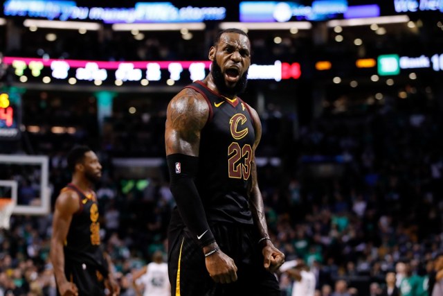 May 27, 2018; Boston, MA, USA; Cleveland Cavaliers forward LeBron James (23) celebrates after drawing foul against the Boston Celtics during the fourth quarter in game seven of the Eastern conference finals of the 2018 NBA Playoffs at TD Garden. Mandatory Credit: David Butler II-USA TODAY Sports