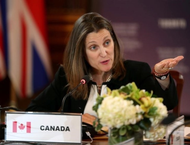 La ministra de Relaciones Exteriores de Canadá, Chrystia Freeland, en la cumbre de cancilleres del G7 en Toronto, abr 22, 2018. REUTERS/Fred Thornhill