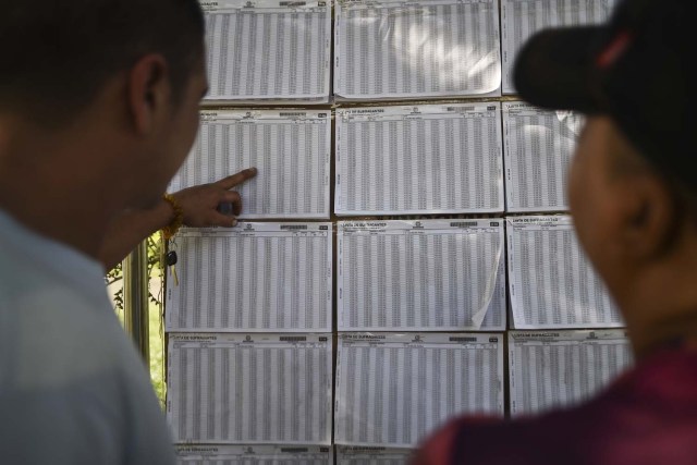 Voters check the electoral roll at a polling station in Cali, Valle del Cauca Department, during presidential elections in Colombia on May 27, 2018. / AFP PHOTO / Luis ROBAYO