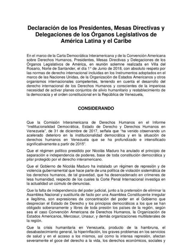 Declaración conjunta de los Congresos de América Latina y el Caribe por Venezuela / @SenadoGovCo - twitter