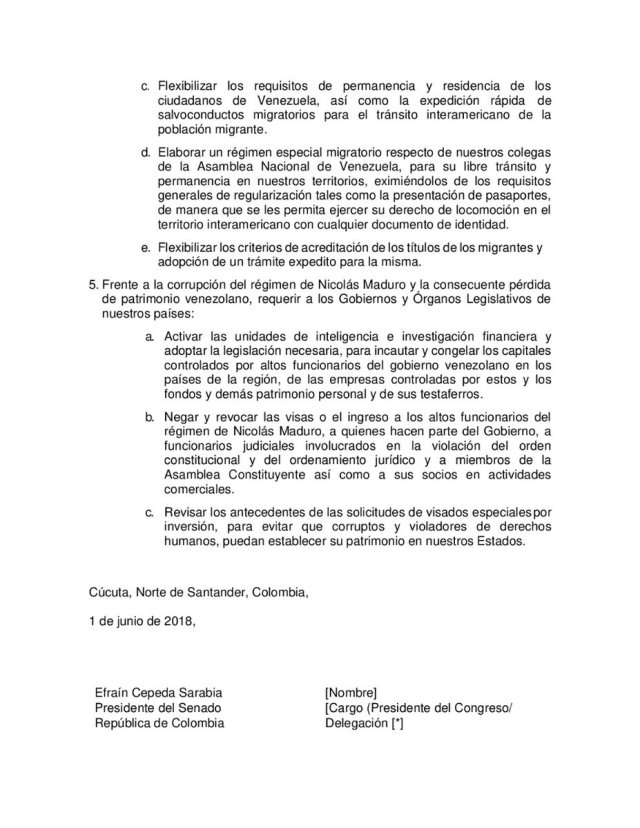 Declaración conjunta de los Congresos de América Latina y el Caribe por Venezuela / @SenadoGovCo - twitter
