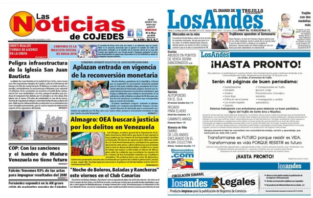 Portada de Las Noticias de Cojedes y el Diario de Los Andes | Foto: Cortesía