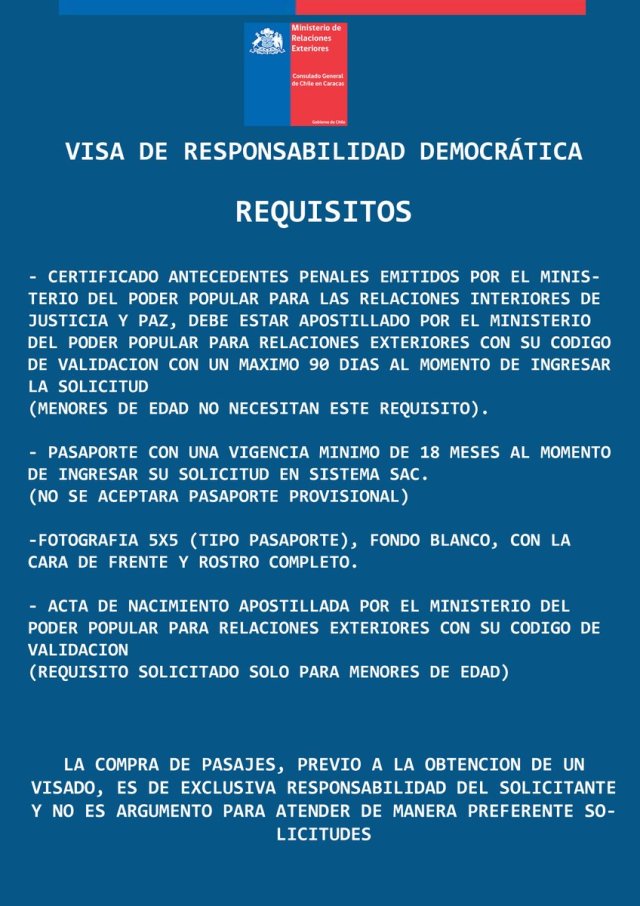 Foto: Nuevos requisitos para Visa de Responsabilidad Democrática para Chile / @EChileVenezuela - twitter 