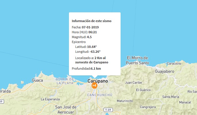 Sismo de magnitud 4.5 al suroeste de Carupano #7Ene