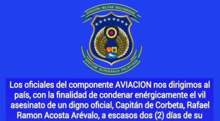 Aviación Militar de Venezuela condena el “vil asesinato” de Acosta Arévalo e instan a desconocer al régimen de Maduro