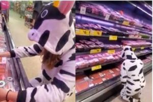 WTF? Vegana disfrazada de “vaca” lloró en la sección de carnes del supermercado (FOTOS Y VIDEO)
