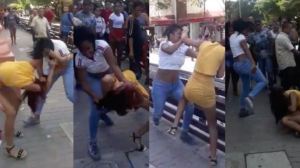 ¡Tremenda trifulca! Dos venezolanas se fueron a los golpes en plena plaza de Barranquilla (Video)
