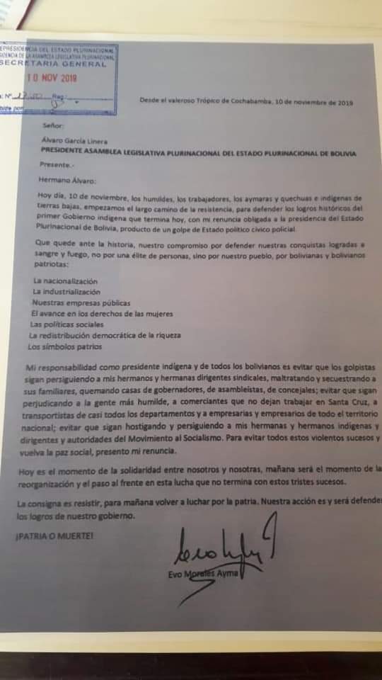 Asamblea Plurinacional de Bolivia recibe carta de renuncia 