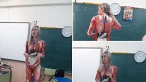 ¡WTF! El curioso vestido que se puso una hermosa maestra para enseñar anatomía (FOTOS)