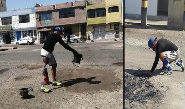 ¡Grande! Venezolano con pierna ortopédica sobrevive asfaltando calles durante la pandemia en Perú