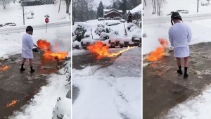 ¡Se volvió loco! Utilizó un lanzallamas para quitar la nieve de la entrada de su casa (VIDEO)