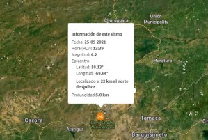 Sismo de magnitud 4.2 al norte de Quíbor