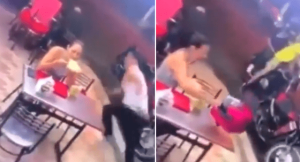 Su novio la abandonó en pleno asalto a una pizzería… y siguió comiendo (VIDEO)
