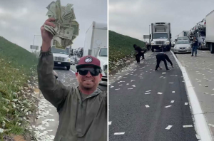 ¡Lluvia de dinero! Miles de dólares salieron volando desde un camión blindado en una autopista de EEUU (Imágenes)