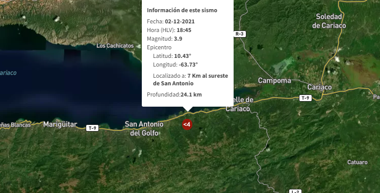 Sismo de magnitud 3,9 al suroeste de San Antonio en Sucre este #2Dic