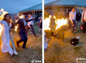 Son dobles en películas de acción y se prendieron fuego en su boda para evitar que fuera “aburrida” (VIDEO)