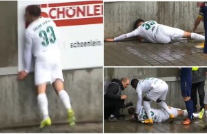 ¡Ouch! Futbolista perdió el conocimiento tras estrellarse contra un muro de hormigón durante un partido (VIDEO)