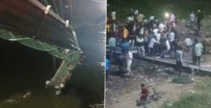 EN IMÁGENES: momento en el que colapsa un puente colgante con cientos de personas en India