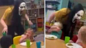Todo MAL en este VIDEO: asustó a niños en una guardería con una máscara de la película “Scream”