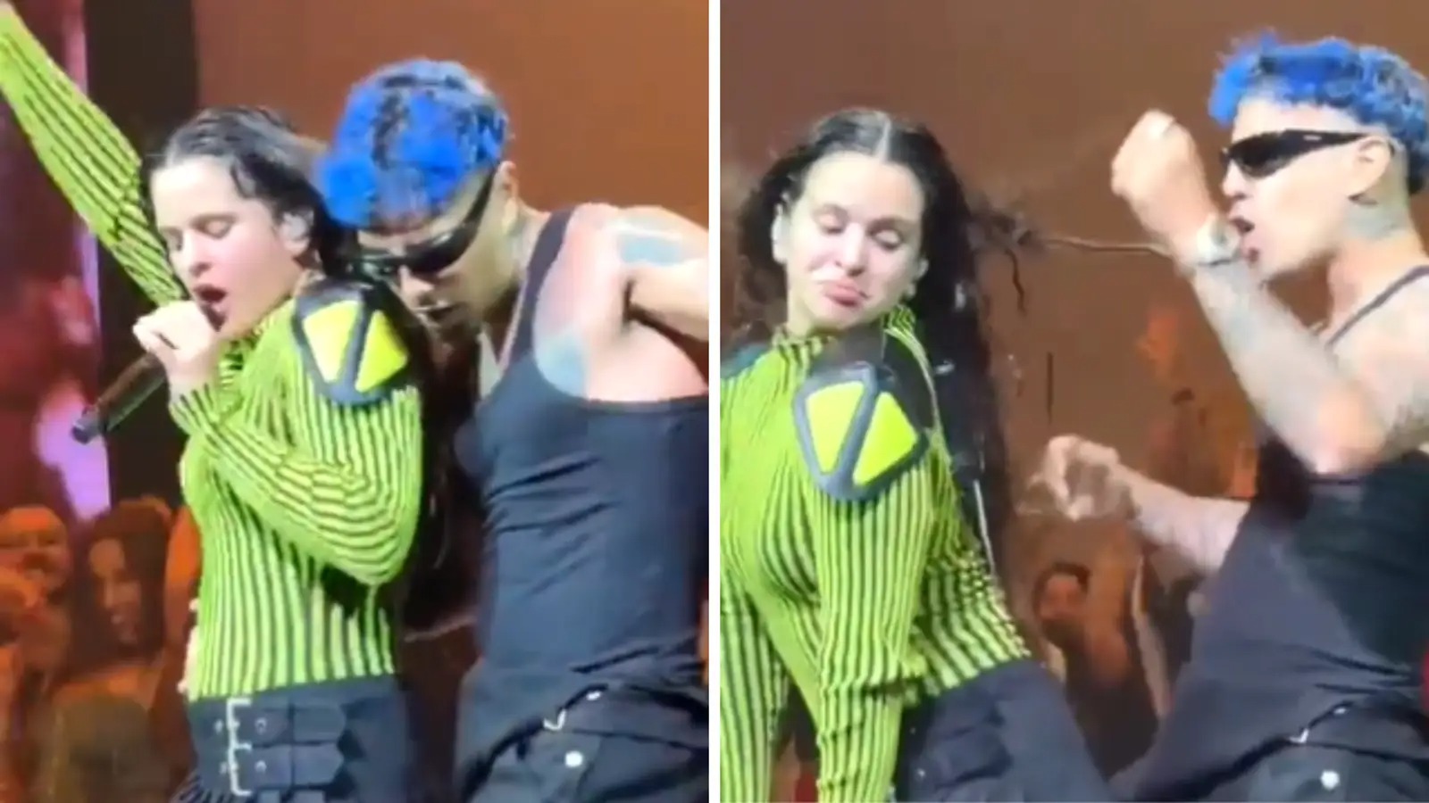 La sorpresa de Rauw Alejandro en un concierto de Rosalía en California, con beso incluido (VIDEO)