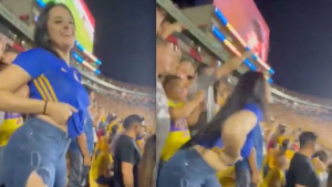 ¡Se nos fue la mano! Aficionada se quitó la camiseta para celebrar el gol de su equipo (video)