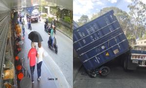 Impresionante reacción salvó a motorizado de morir aplastado por un contenedor (VIDEO)