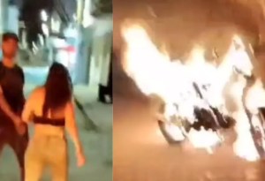 VIDEO: En plena pelea, mujer enfurecida le quemó la moto a su novio