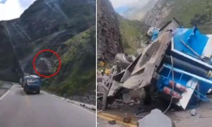 Dos camiones se parten por la mitad al ser golpeados por avalancha de rocas gigantes (VIDEOS)