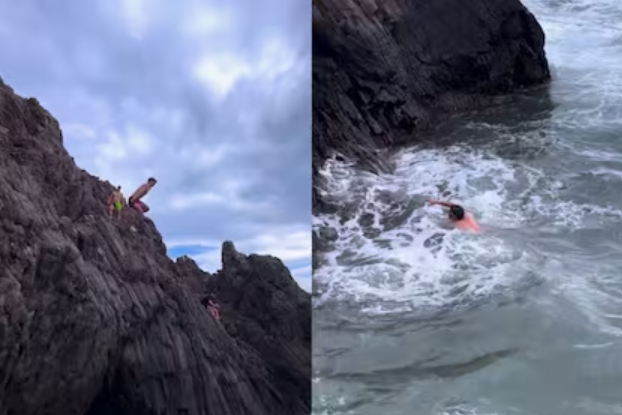VIDEO: El influencer que saltó al mar desde unas rocas y salvó su vida de milagro
